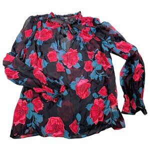 Paige Top Womens M Silk Black Red Rose Floral ALESSIA Blouse Romantic Academia